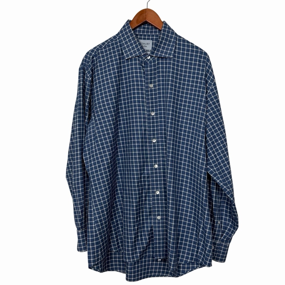 LEDBURY Slim Fit 100% Cotton Blue Herringbone Check Dress Shirt 17.5 34/35 - Picture 3 of 7